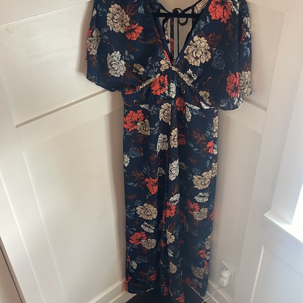 Vici Navy Floral Jumpsuit with Red and Cream Flowers